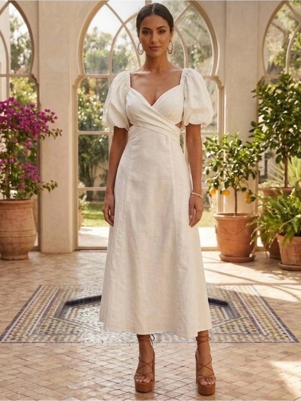 Amalie White Linen Blend V-Neck Wrap Puff Sleeve Cut Out Midi Dress 8 NWT
